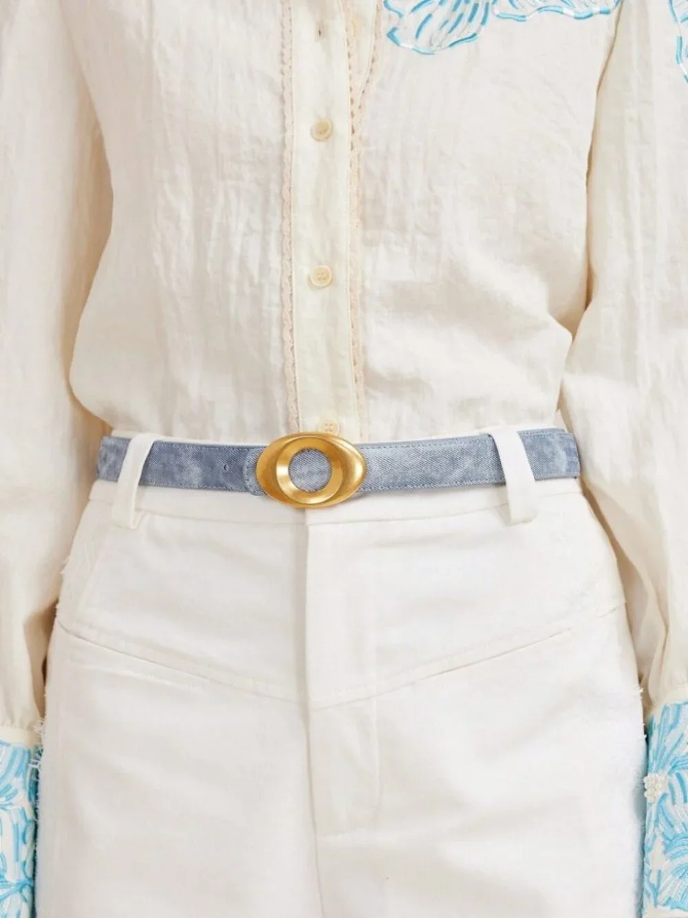 Chambray Blue Denim Belt with Oval Gold Buckle
